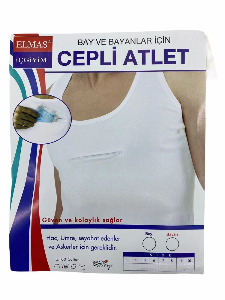 Cepli Atlet - Hac ve Umre İçin Fermuarlı Gizli Cepli Fanila (%100 Pamuk)