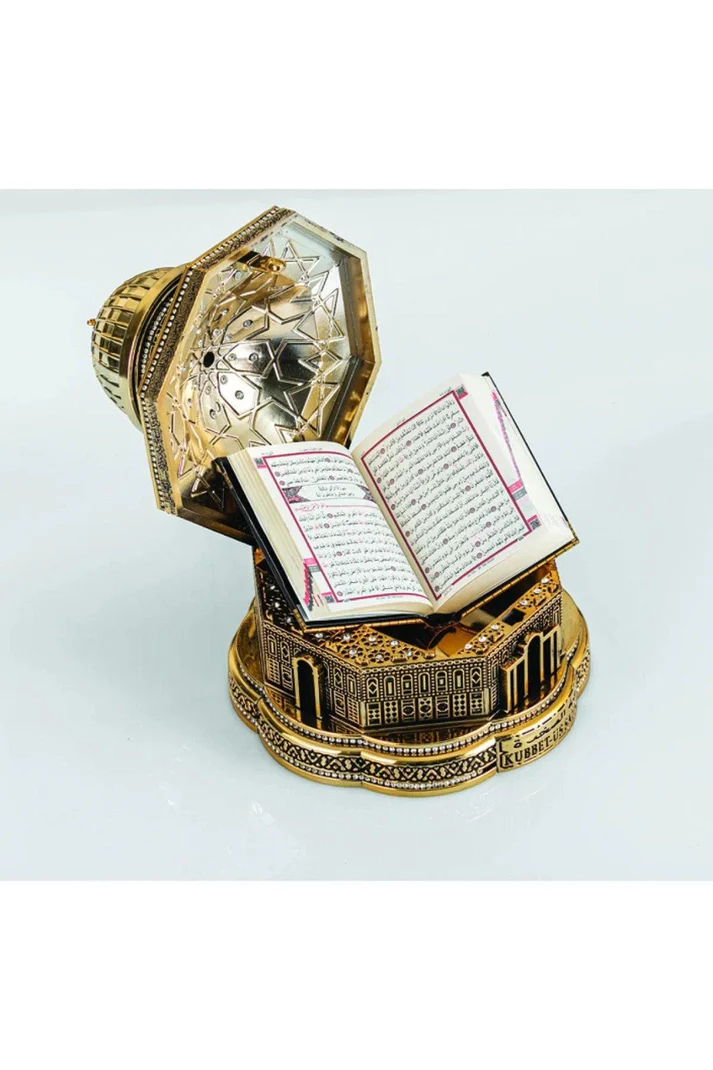Gold Zirkon Taşlı Kuran Kabı ve Biblo Seti