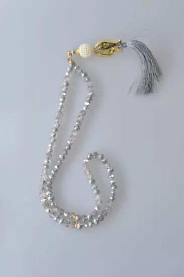 Gri Kristal Tesbih 99’lu - Laleli Model | Modern ve Parlak Namaz Tesbihi Hediye