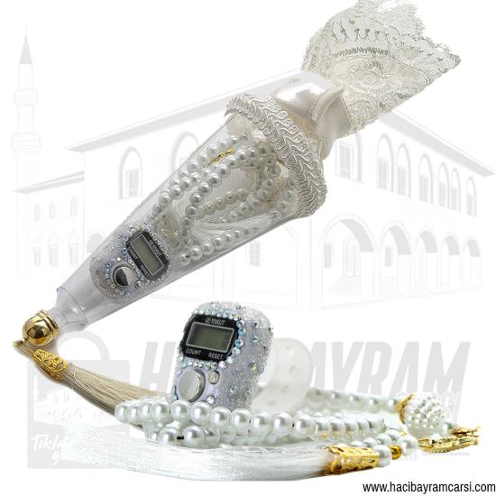 Külahlı inci Tesbihli Taşlı Zikirmatikli Set
